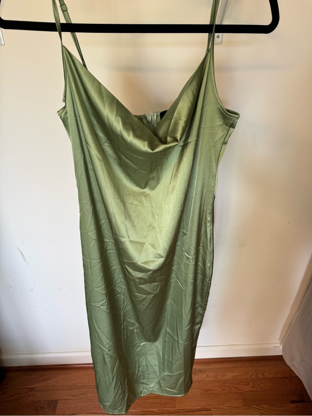 Satin Cowl Neck Slip Dress in Olive Green